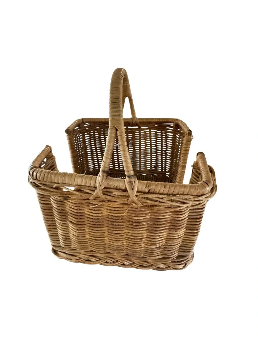 Vtg Woven Wicker Gathering Basket Square Open Sides Cottage Shabby Farmhouse